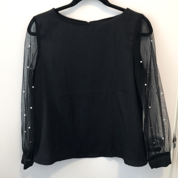 Black top with sheer sleeves, pearl details, size small - Picture 1 of 8